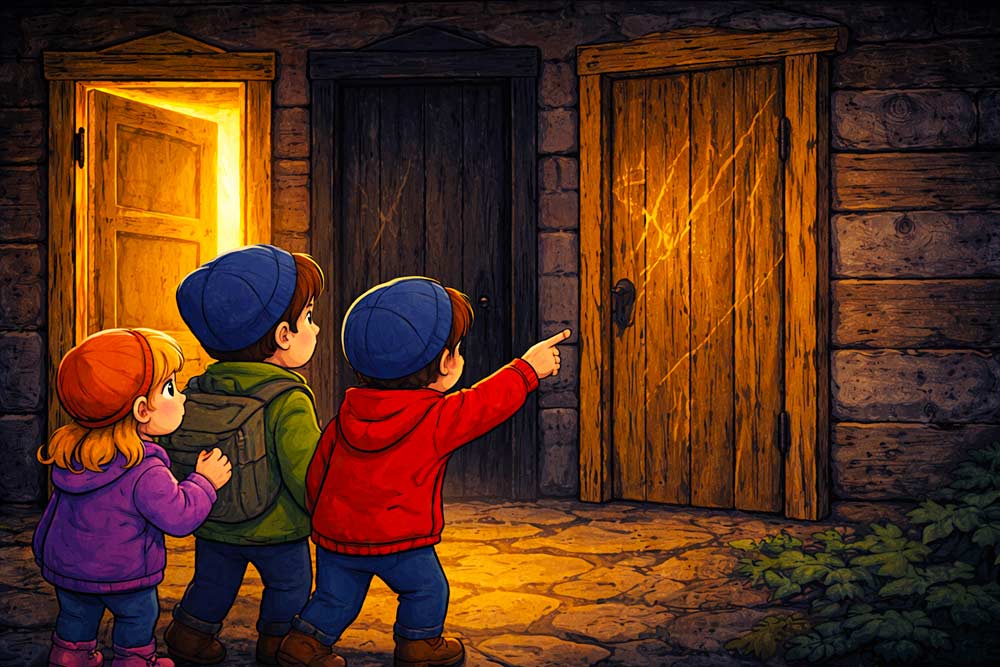 Ben zeigte auf die erste Tür, die golden glänzte. „Das muss sie sein!“, sagte er. Ben zeigte auf die erste Tür, die golden glänzte. „Das muss sie sein!“, sagte er.