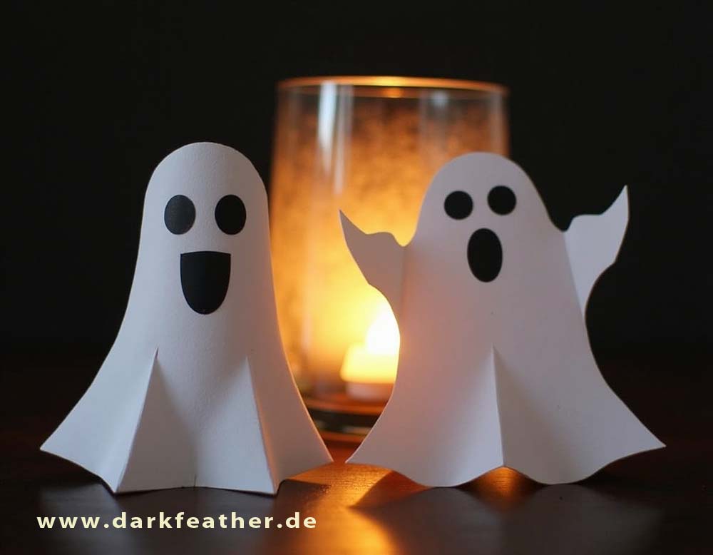 Selbstgebastelte niedliche Gespenster aus Papier als Deko vor einem Glas mit LED Teelicht Selbstgebastelte niedliche Gespenster aus Papier als Deko vor einem Glas mit LED Teelicht