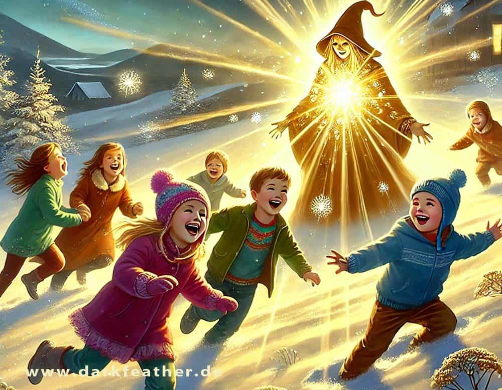 Kinder spielen im Schnee und ihre Freude leuchtet golden Kinder spielen im Schnee und ihre Freude leuchtet golden