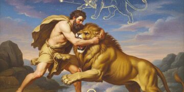 Herakles schlägt den nemeischen Löwen und schafft das Sternbild Löwe