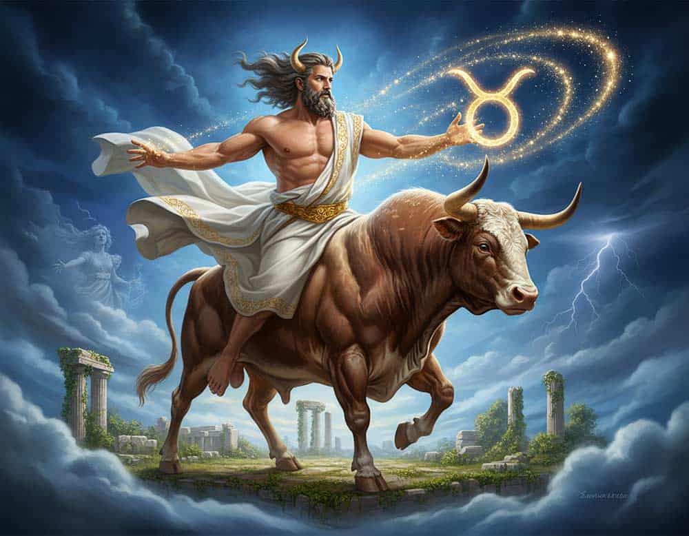 Zeus verwandelt sich zum Stier und prägt das Sternzeichen Stier Zeus verwandelt sich zum Stier und prägt das Sternzeichen Stier