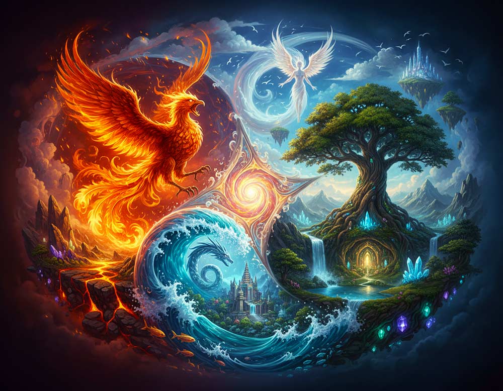 Die vier Elemente im Detail: Feuer, Wasser, Erde, Luft