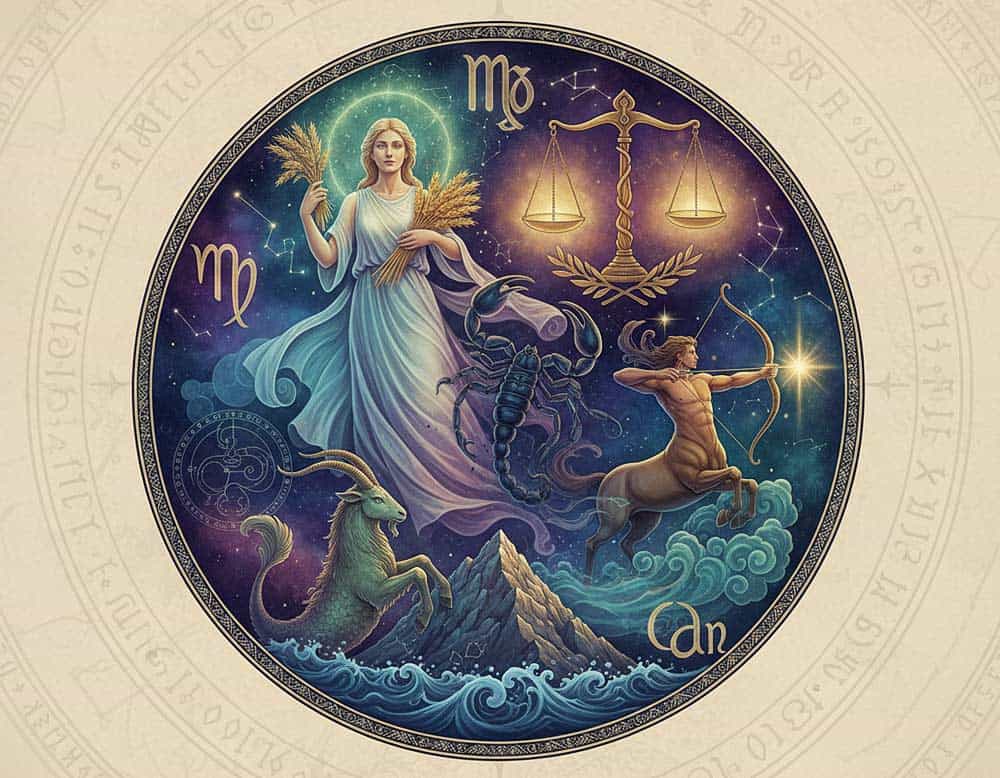 Symbolik einzelner Sternzeichen Jungfrau, Waage, Skorpion, Schütze und Steinbock
