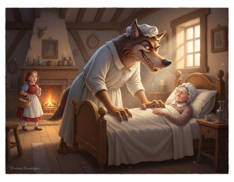 Märchenhaftes Glanzbild Mit Wolf, Spindel, Schloss & Rotkäppchen – Poesiebild Im Retro-Look, Ca. 24x15 Cm, Deko-Highlight Für Sammler