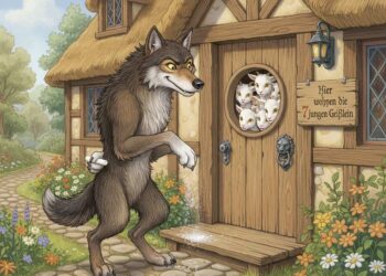 Der böse Wolf aus „Der Wolf und die sieben jungen Geißlein“ will ins Haus der sieben Geißlein mit Kreide