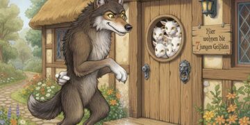 Der böse Wolf aus „Der Wolf und die sieben jungen Geißlein“ will ins Haus der sieben Geißlein mit Kreide