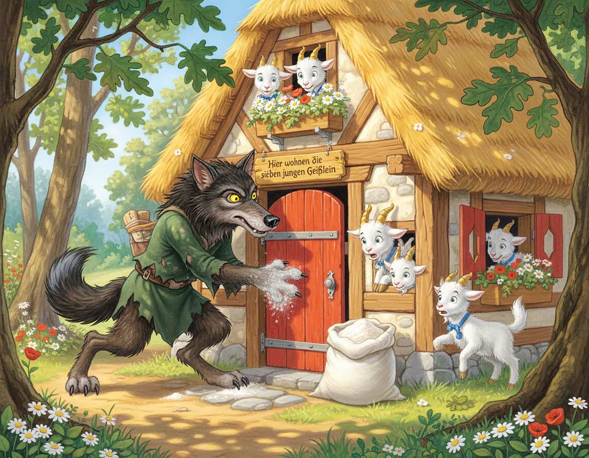 Der böse Wolf aus „Der Wolf und die sieben jungen Geißlein“ im Märchenbuch