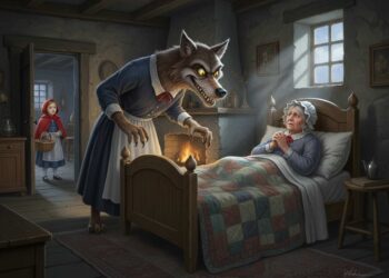 Der große böse Wolf aus „Rotkäppchen“ vor der Großmutter