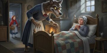 Der große böse Wolf aus „Rotkäppchen“ vor der Großmutter