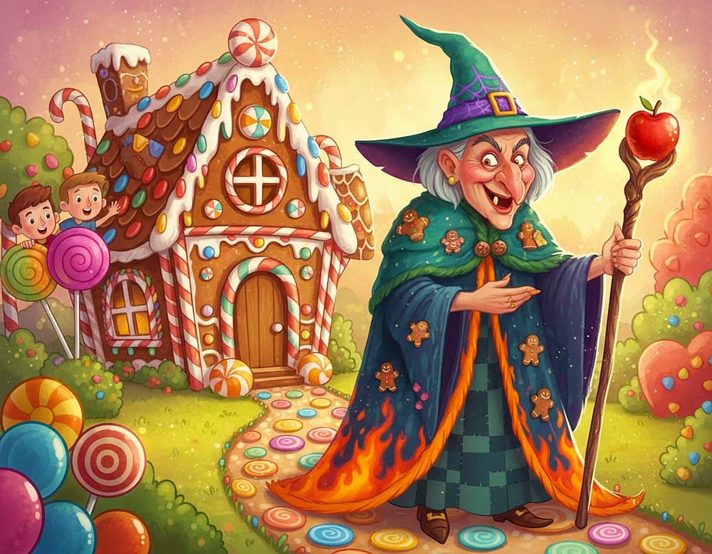 Die böse und gruselige Hexe und ihr Hexenhaus mit Candy-Süßigkeiten Die böse und gruselige Hexe und ihr Hexenhaus mit Candy-Süßigkeiten