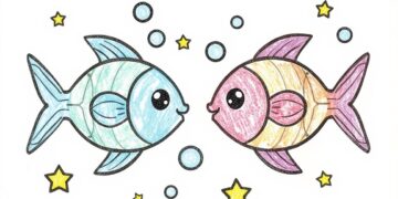 Einfache Malvorlage ausgemalt von Kindern - Die Fische als Sternzeichen