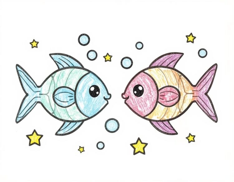 Einfache Malvorlage ausgemalt von Kindern - Die Fische als Sternzeichen