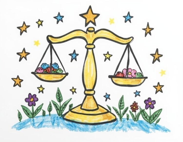 Einfache Malvorlage ausgemalt von Kindern - Die Waage als Sternzeichen