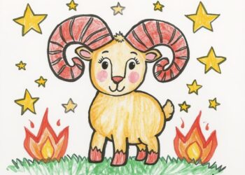 Einfache Malvorlage ausgemalt von Kindern - Der Widder als Sternzeichen
