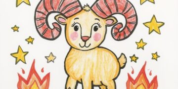Einfache Malvorlage ausgemalt von Kindern - Der Widder als Sternzeichen