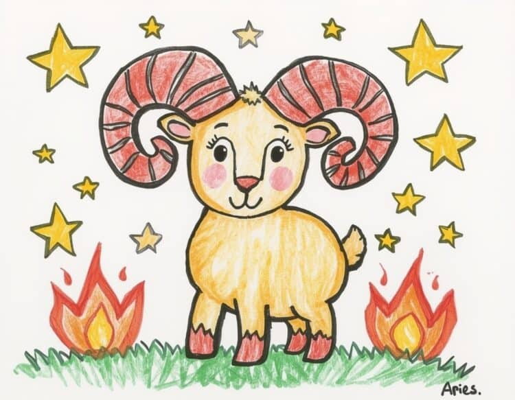 Einfache Malvorlage ausgemalt von Kindern - Der Widder als Sternzeichen