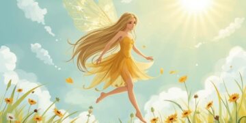 Solara die goldene Sonnenfee schwebt über einer Sommerwiese