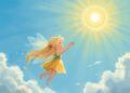 Lena und Solara fliegen gemeinsam durch den Sommerhimmel zur Sonne