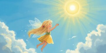 Lena und Solara fliegen gemeinsam durch den Sommerhimmel zur Sonne