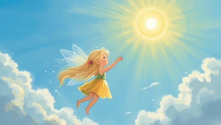 Lena und Solara fliegen gemeinsam durch den Sommerhimmel zur Sonne