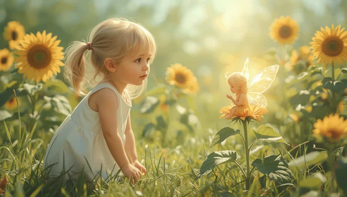 Lena entdeckt die kleine Sonnenfee Solara auf einer Blume im Garten Lena entdeckt die kleine Sonnenfee Solara auf einer Blume im Garten